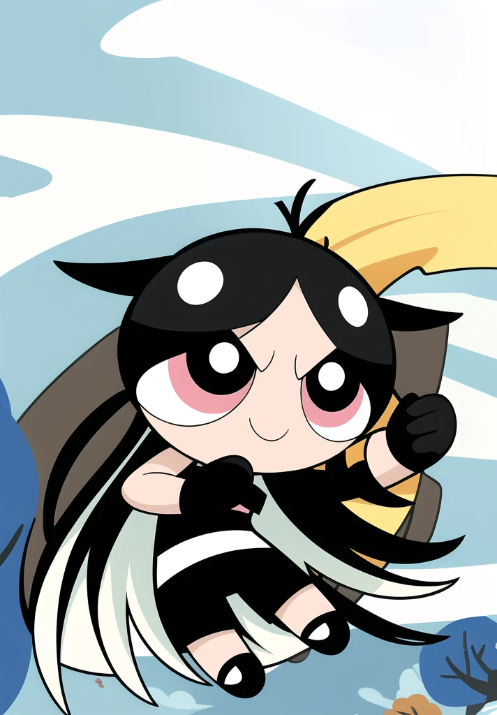 (long hair, gradient hair, black white hair), smile, chibi, 1girl, black eyes, gloves, jewelry, shorts, black shorts, asymmetrical gloves, big blossom tree background,