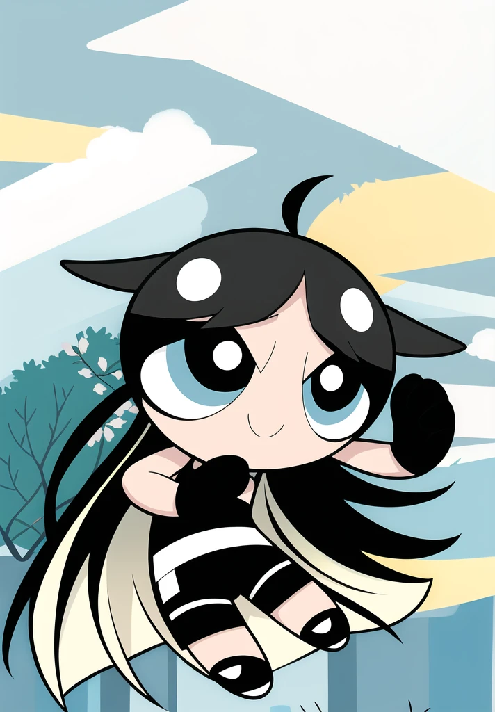 (long hair, gradient hair, black white hair), smile, chibi, 1girl, black eyes, gloves, jewelry, shorts, black shorts, asymmetrical gloves, big blossom tree background,