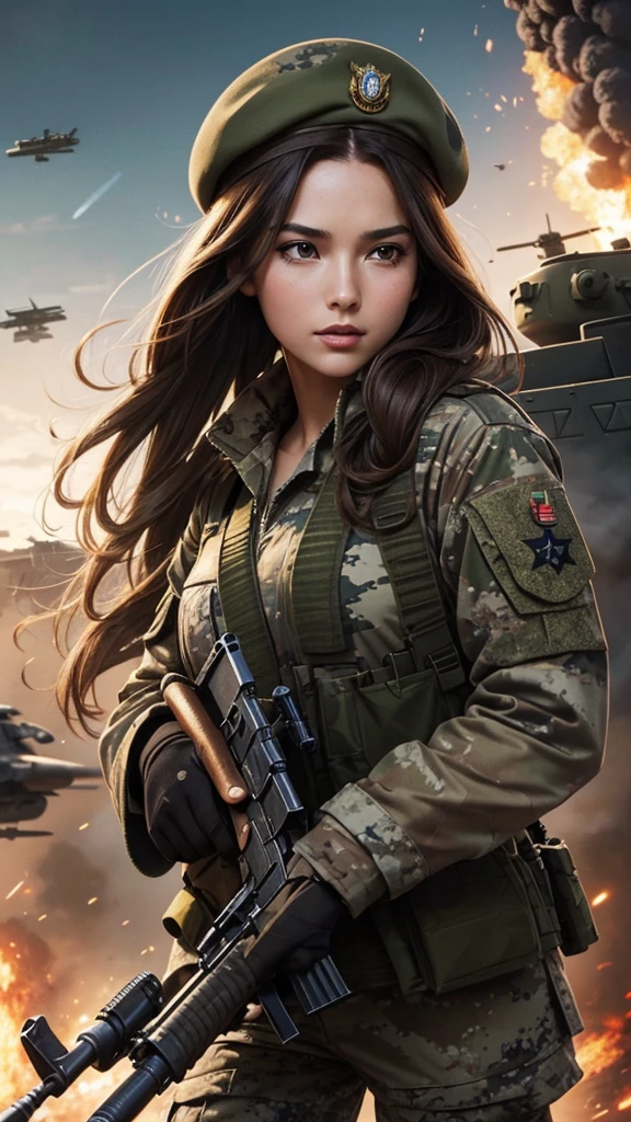 “Wallpaper featuring a glamorous woman in camouflage uniform and beret, with long brown hair tied back. Her face is dirty, and she is holding a machine gun with both hands, running through a battlefield. The background includes a tank, with fighter jets flying in the sky. The image should be highly detailed and cinematic.”