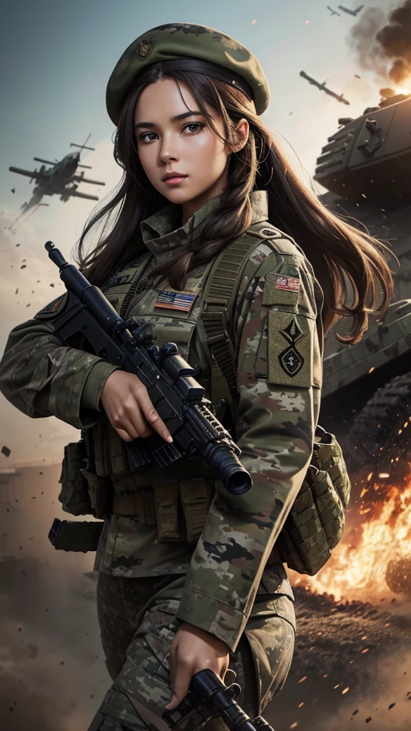 “Wallpaper featuring a glamorous woman in camouflage uniform and beret, with long brown hair tied back. Her face is dirty, and she is holding a machine gun with both hands, running through a battlefield. The background includes a tank, with fighter jets flying in the sky. The image should be highly detailed and cinematic.”