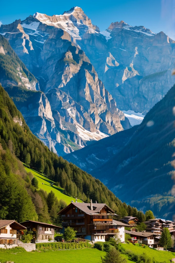 Snow Capped Mountain々And the small house in the foreground, lauterbrunnen valley, Switzerlandアルプス, in the Switzerlandアルプス, The Alps are in the background, Switzerland, Zenith View, Alpine Landscape, The Alps, very very very beautiful scenery, very very beautiful scenery, Beautiful mountains behind々, Mountainous Regions, Nice views, Nice views, Nice view,(Highest quality),(8K),(RAW Photos),(Ultra-detailed images)
