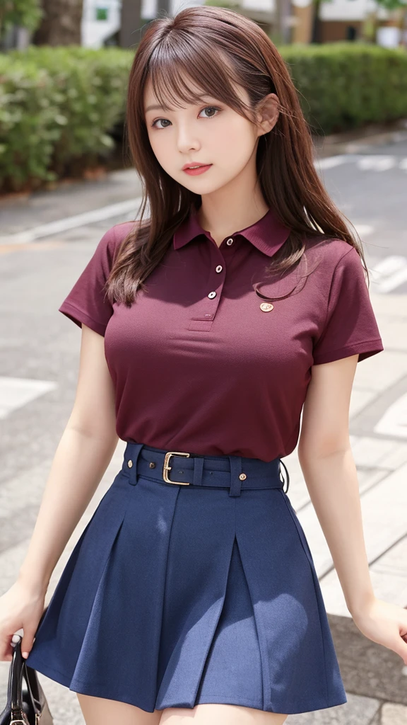 japanese girl、girl in her 20s、perfect body shape、Transparency、big breasts、polo shirt、navy blue skirt、gravure idol pose、Japanese gravure idol、sensual look、shiny thighs