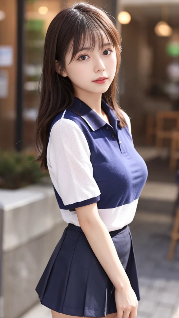 japanese girl、girl in her 20s、perfect body shape、Transparency、big breasts、polo shirt、navy blue skirt、gravure idol pose、Japanese gravure idol、sensual look、shiny thighs