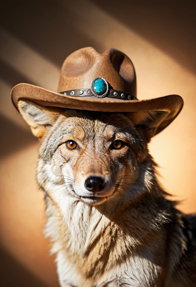 (Coyote in cowboy hat), [Back to], Coyote head,anthropology, masterpiece, light, Atmospheric lighting, Subsurface scattering,