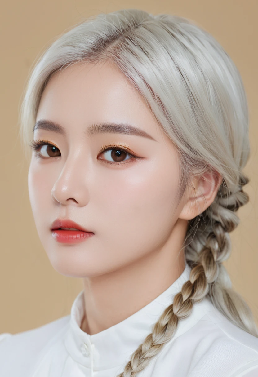 best quality, masterpiece,White hair, Golden Eyes,White clothes, look up, Upper Body,Hair,White skin,Side Braid