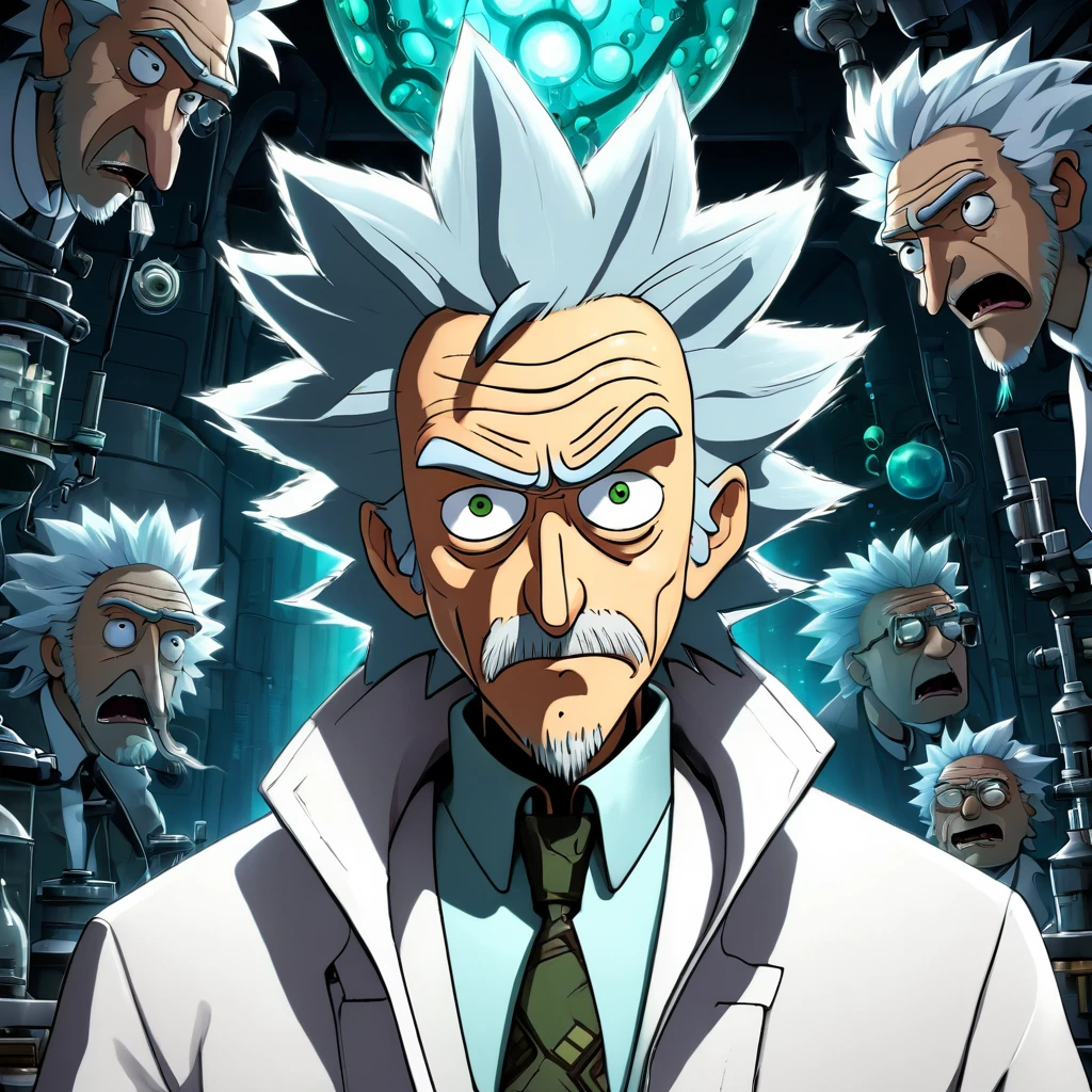 rick sanchez: The mad scientist with gray hair and a white coat, in his laboratory full of strange inventions, with an expression of fascination on his face. Dark colors and stylized features.