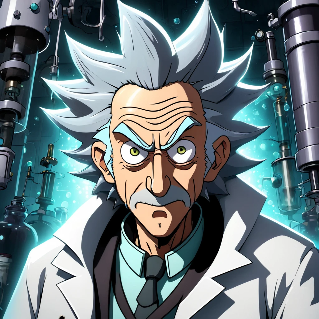 rick sanchez: The mad scientist with gray hair and a white coat, in his laboratory full of strange inventions, with an expression of fascination on his face. Dark colors and stylized features.