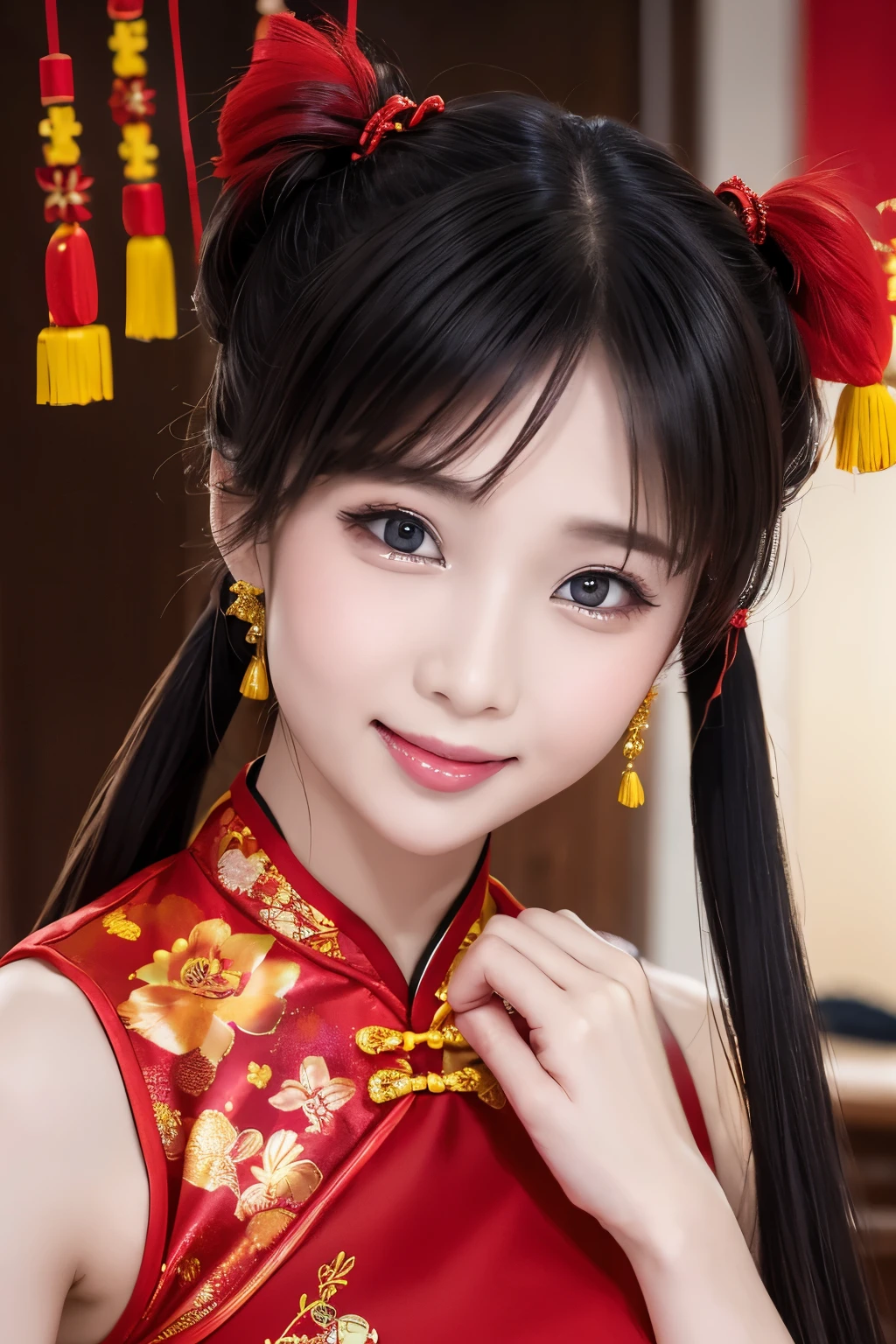 Eyes are very fragile，Twin Tails Cheongsam，Chinese New Year decorations（（Smile artwork）））， （（best quality））， （（Intricate details））， （（Surreal））（8K）