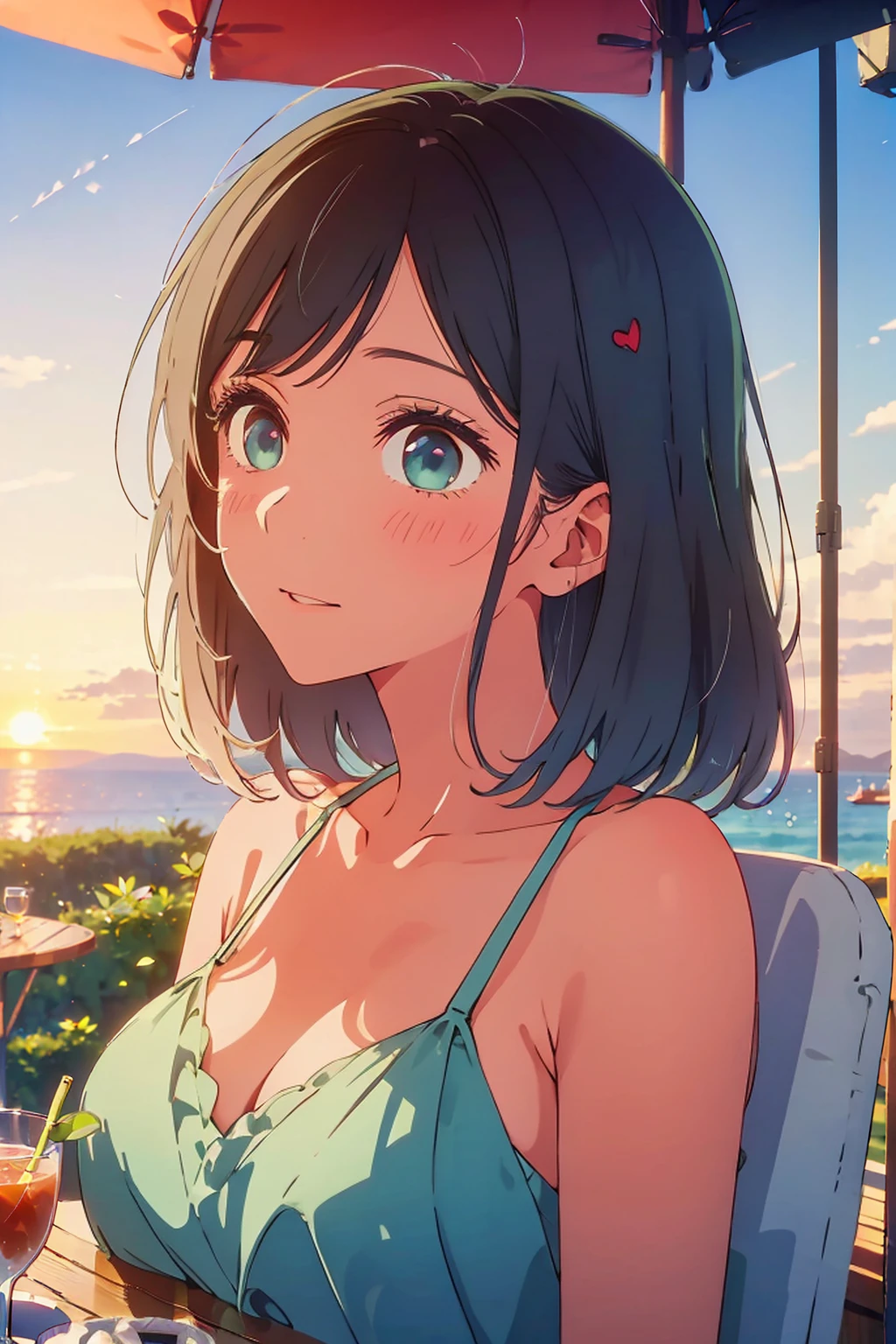 (Highest quality:1.4、masterpiece:1.4、Super detailed:1.4、8K:1.4)、F cup bust、Big Breasts、Slim body、((((1 person、Surprised expression、sit、Outdoor café terrace、coastal、juice、table、Sandy Beach、bikini、juiceのグラスを持つ、Big eyes、Shallow depth of field、Very cute face))))、sunset、Sunset、Get up close and take a photo