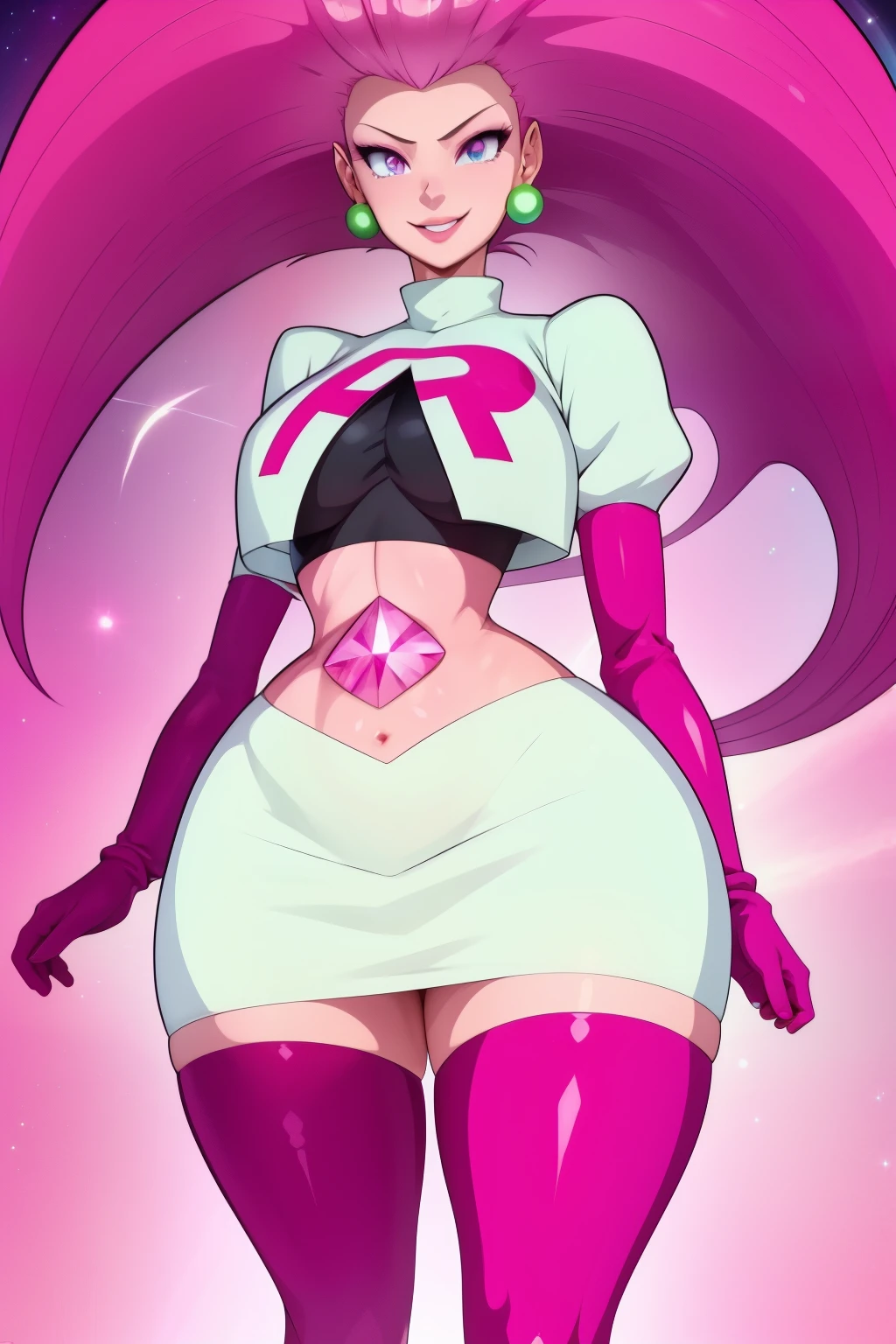 pnkdamond, pink hair, pink eyes,  long hair,  stomach gem,  pink skin,  toned, 
puffy short sleeves, elbow gloves ,  white thighs,   Puffy dress, 
standing, Upper part of the body, 
 outer space,  
(incredibly detailed, beautiful detailed face,Beautiful detailed eyes, Masterpiece, Best Quality) cinematic lighting,  SMILE, 
 