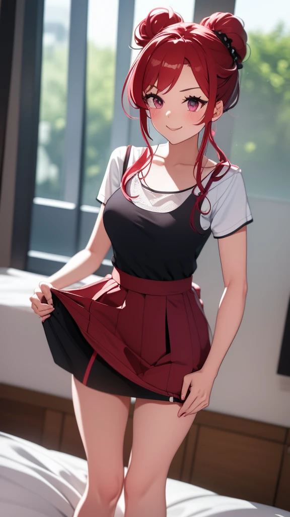 high tail hairstyle, Ponytail hairstyle, Long wavy black hair, standing posing, anime girl style, pixel art anime style,penetrating look with deep eyes,red and purple eyes, hair with a ponytail hairstyle trapped with a big red bun, Women, red hair clips, x color shaped hair clips , short white shirt, smooth receptionist miniskirt, skirt attached to the body marking her ass, smooth miss, smiling face blush, standing in his bedroom, next to his bed, receptionist clothes, lifting her skirt, grabbing her skirt with her hands to lift it up, letting her look at her underwear.