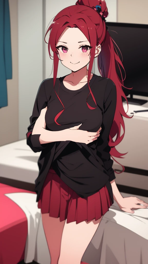 high tail hairstyle, Ponytail hairstyle, Long wavy black hair, standing posing, anime girl style, pixel art anime style,penetrating look with deep eyes,red and purple eyes, hair with a ponytail hairstyle trapped with a big red bun, Women, red hair clips, x color shaped hair clips , short white shirt, smooth receptionist miniskirt, skirt attached to the body marking her ass, smooth miss, smiling face blush, standing in his bedroom, next to his bed, receptionist clothes, lifting her skirt, grabbing her skirt with her hands to lift it up, letting her look at her underwear. 