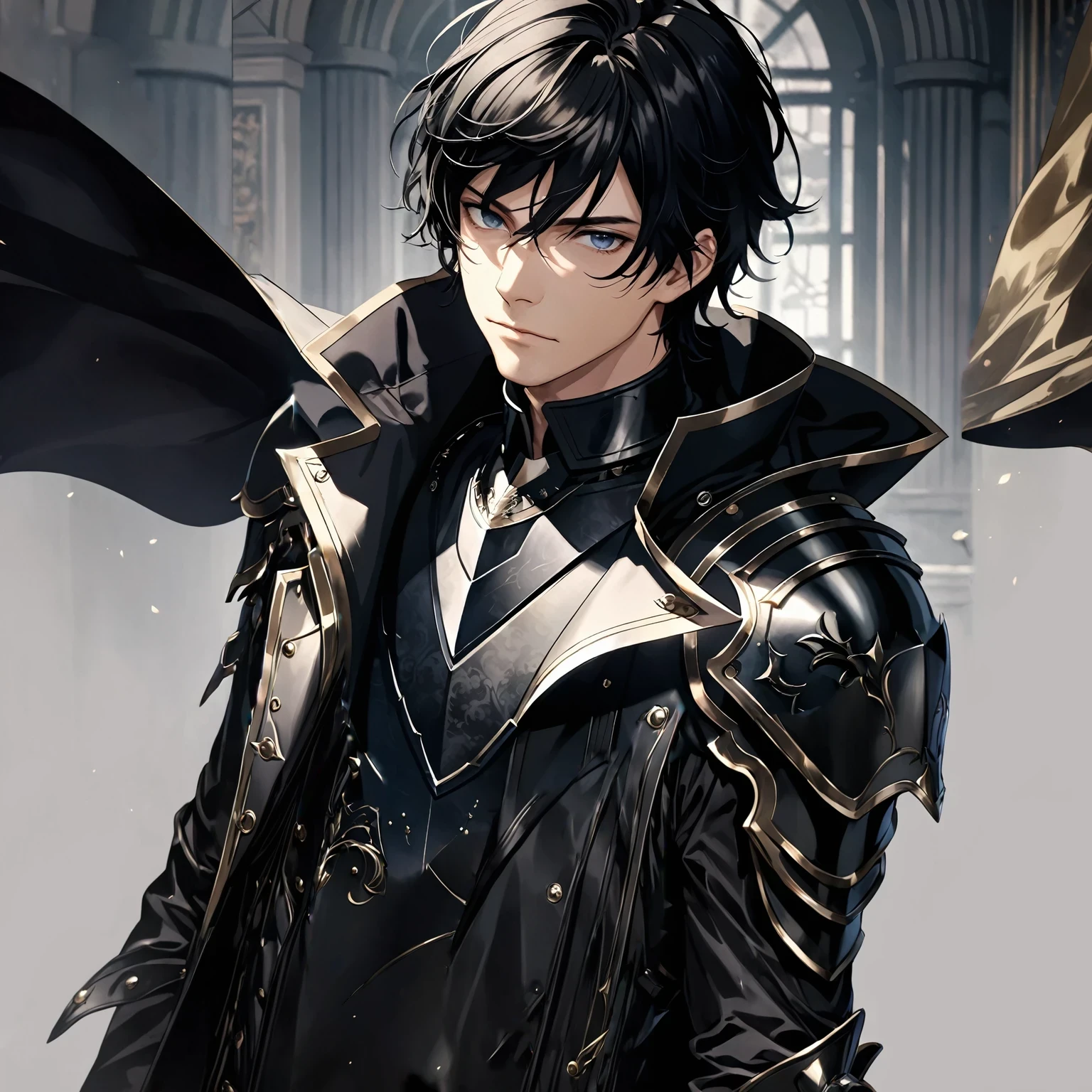 masterpiece, best quality, 1man, adult, male focus, solo, medium hair, black hair, looking at viewer, High quality metal texture, closed mouth, upper body, bangs, Fantasy aesthetics, Highly detailed, shadowverse style, leather jacket, symmetry design
