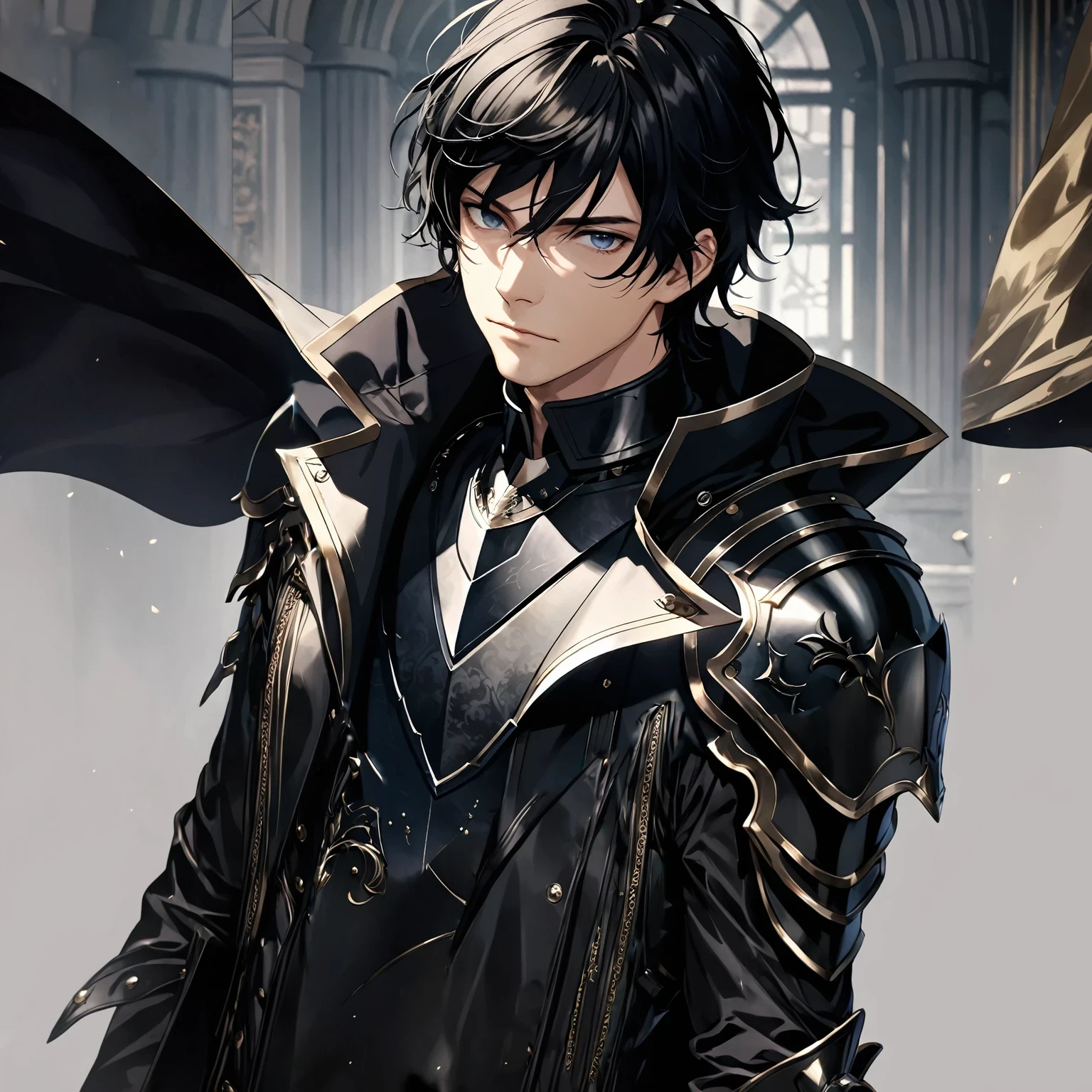 masterpiece, best quality, 1man, adult, male focus, solo, medium hair, black hair, looking at viewer, High quality metal texture, closed mouth, upper body, bangs, Fantasy aesthetics, Highly detailed, shadowverse style, leather jacket, symmetry design
