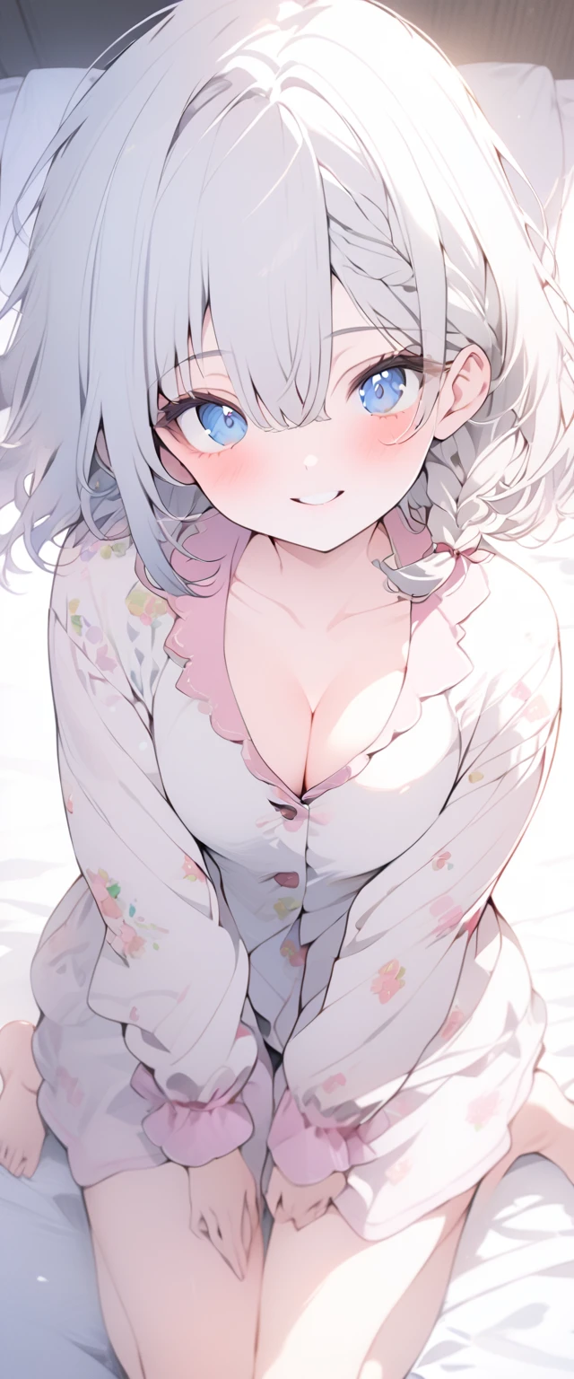 beautiful, masterpiece, Highest quality, anime, One girl,Portrait Shot, View your viewers, Covered、Short Hair、nearby、Blue Eyes、art、White hair,black streaked hair、Thighs、Braid、Bright、smile、、Cleavage、barefoot、pajamas、No underwear、bed