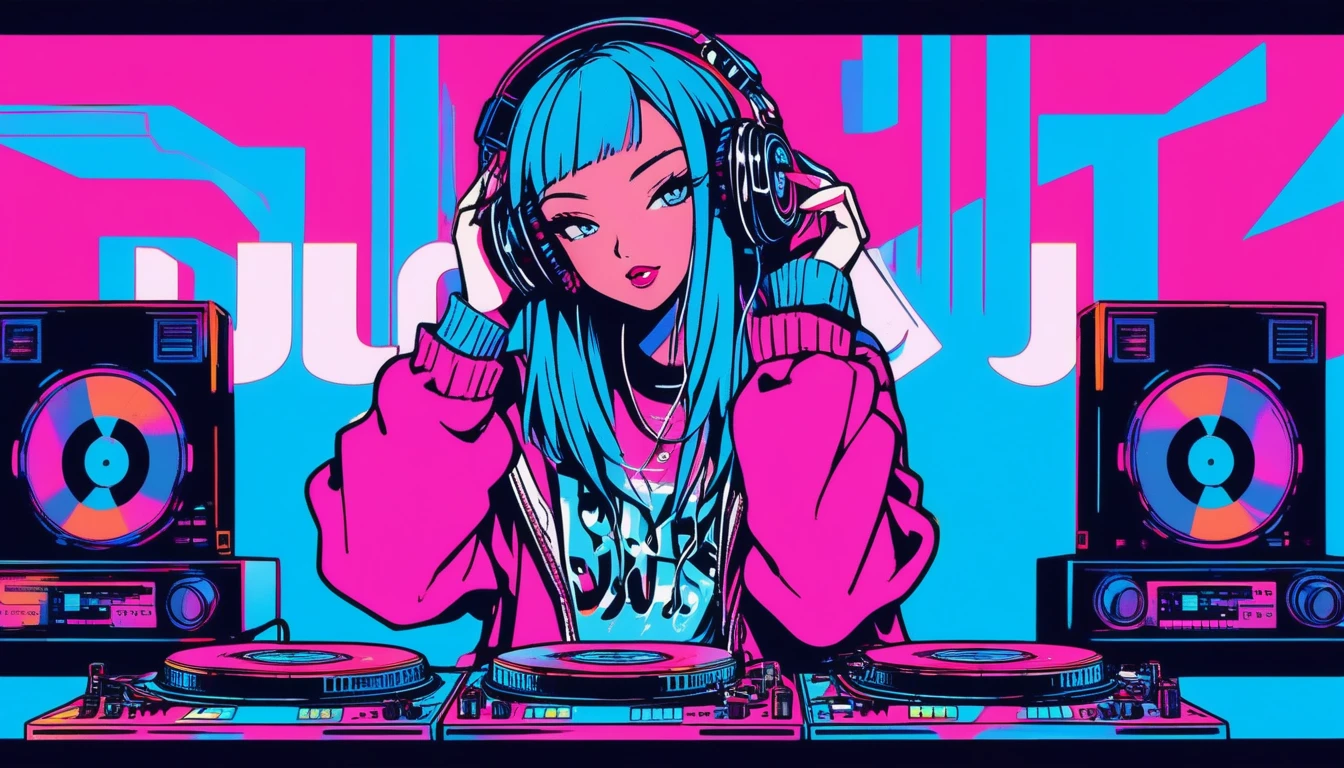 Illustrator, anime , Realistic ,sketch , 1 Girl, ,lip, sweater,order, Blue gradient background, Neon Hair,Textured Trim, Canadian, (masterpiece,Highest quality),Battle DJ girl in HIPHOP fashion wearing DJ headphones,Front view , Turntablist, DJ Scratch, Two large LED-illuminated speakers on each side, Immerse yourself in a neon-lit environment, In front of her is a music mixer and a turntable.、A record is placed on the turntable,ターンテーブルはTechnics SL-1200MK7, JQBert,