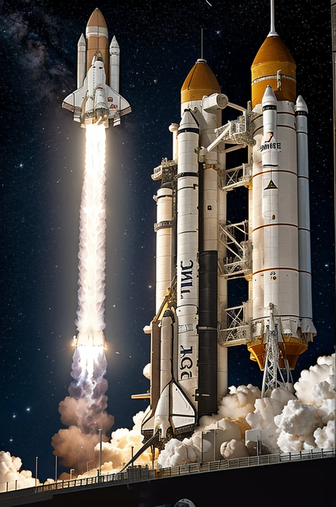 Make me a drawing of the Hubble launch aboard the space shuttle disvery