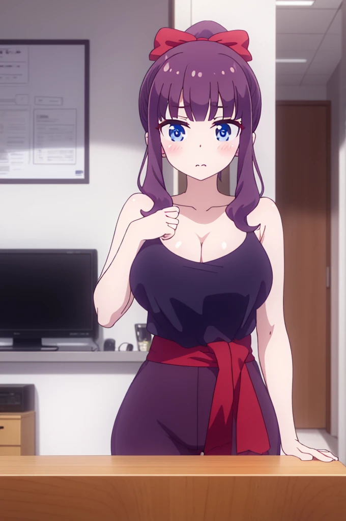 (masterpiece:1.2), (Highest_quality:1.2), 超High resolution, Super detailed, 8K, High resolution, High resolution, anime, Very detailed, (Highest shadow), (Absurd), 
BREAK hifumi takemoto, (Large Breasts), (Perfect Proportions:1.2), (Tight waist), 
Cut long hair, bangs, blue eyes, bow, ponytail, Purple Hair, hair bow,
Upper Body, machine, indoor, office, blush, Cowboy Shot, Seductive pose, View your viewers, Perfect nude,With nipples,Pussy in full view,Sitting and spreading legs