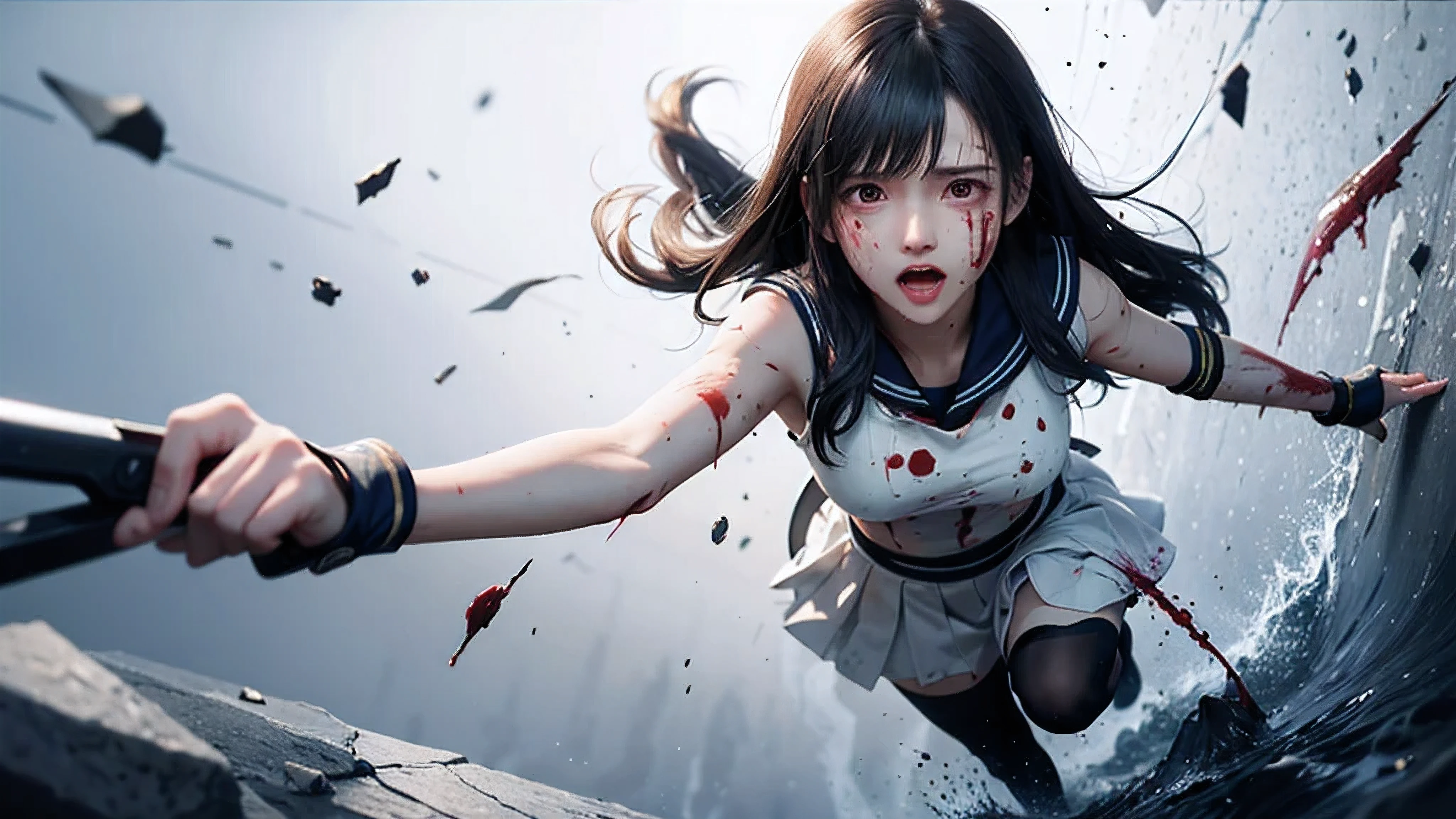 masutepiece, Best Quality, hight resolution, 1girl in, Shaded face, Black hair, Pretty, malformed, ((Black eyes)), arms in arms, ((Crying)), Tears run down my cheeks, (((He wears a sailor suit with blood splattered on it, blood splashing))), (Long hair), (angry), Looking at Viewer, Centered, (In view)、full body Esbian、brandish a knife