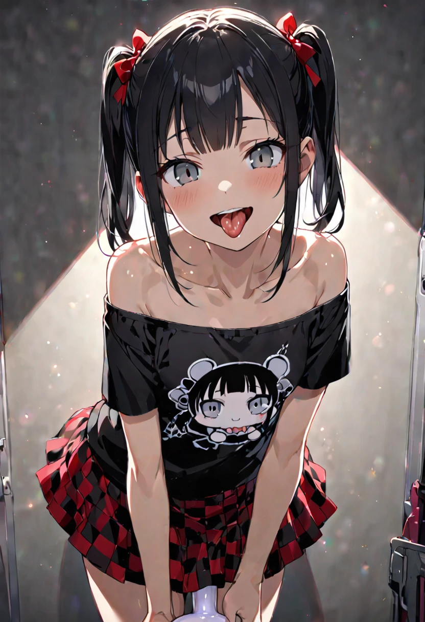 handjob,side view,eye-level shot,face focus,open mouth,tongue out,cum on tongue,Licking a white dildo,(1girl,Beautiful 16 year old girl),((Slender,Small breasts,Baby Face,Small face,)),looking at viewer,Black Hair,bangs,two side up,Gray Eyes,Drooping eyes,slit pupils,narrow eyes,collarbone,black t-shirt,off-shoulder look,Black and red checkered short skirt,Beautiful and detailed anime art,Mischievous smile,Dimly lit room,Simple Background,Gray background,Low lighting
