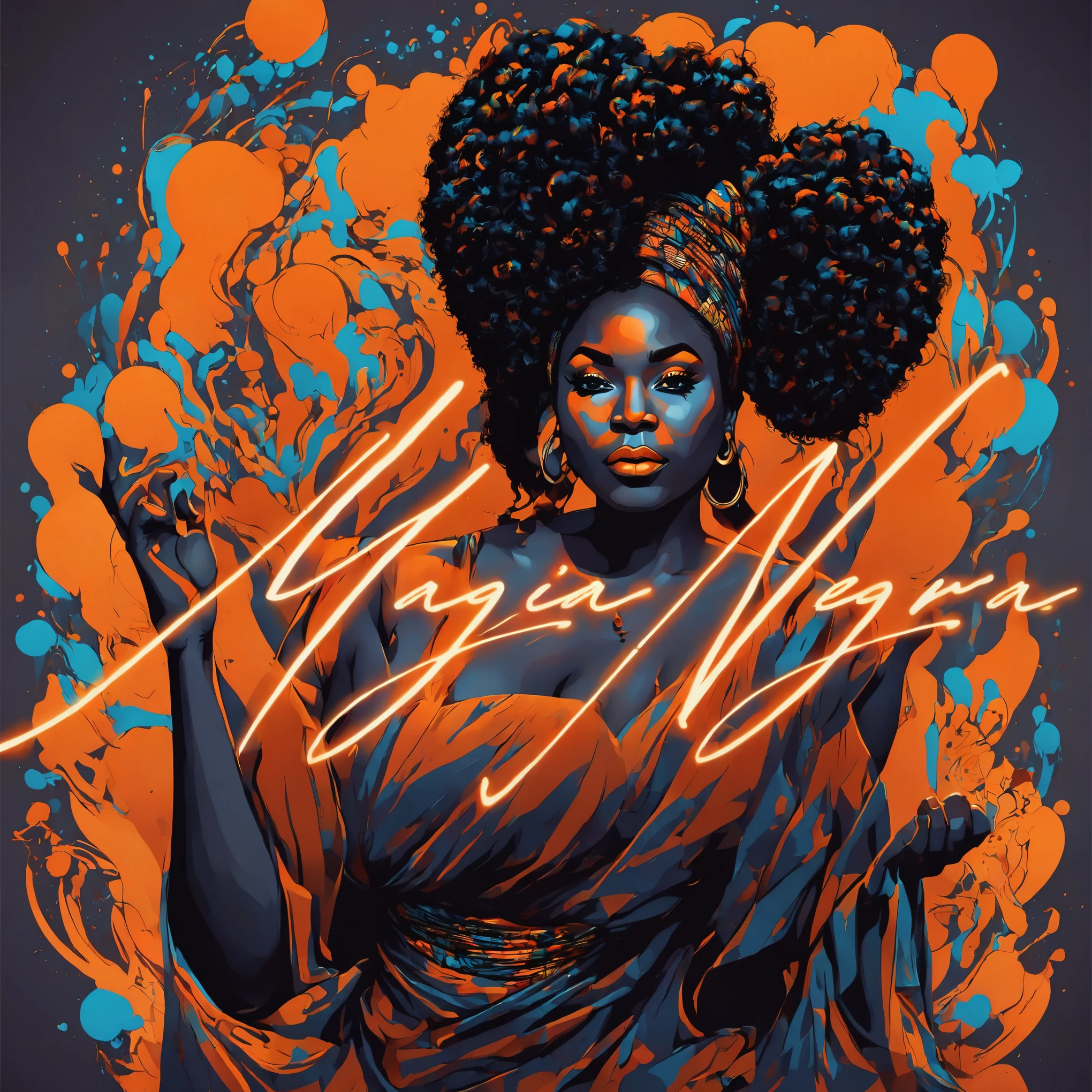 Vector t-shirt art design, centered, orisha, illustration of a thick and fat black woman wearing a orange dress and making magic with candles, afrofuturism, afrofuturism fashion, ultra quality, 8K, intricate details, beautiful face, african goddess