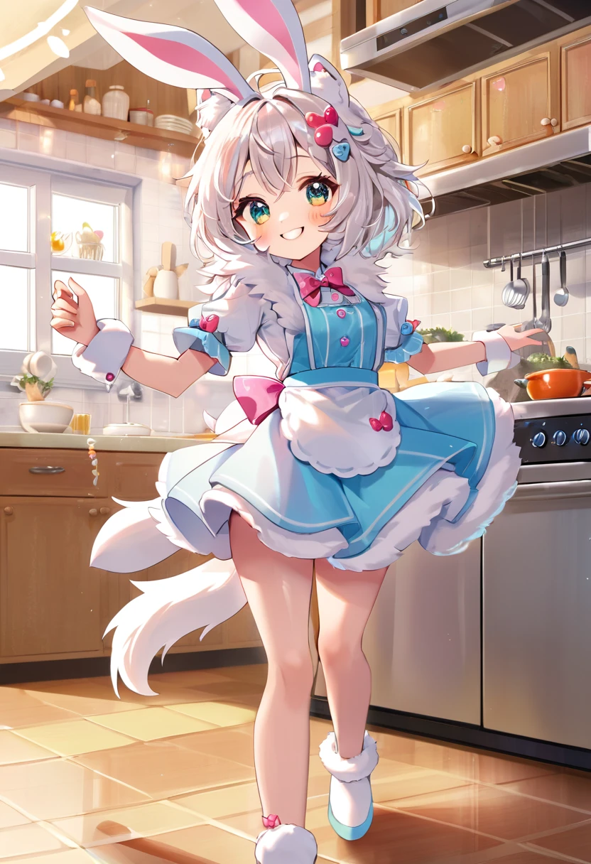 best quality, (Highly Detailed Beautiful Face and Eyes)absurdres, Perfect Anatomy((furry, angelic cute 1girl))(((furry)))(furry anthro:1.7)((rabbit Facial Features, rabbit Body Features))((rabbit ears, Highly Detailed Body Fur))chibi, summer outfit, kitchen, upper body, dancing, Flying sweat, joyful smile,
