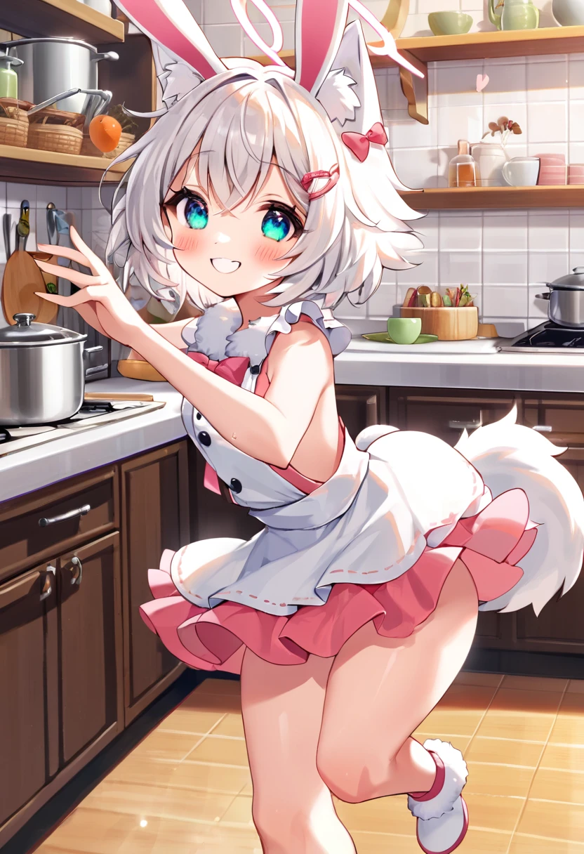 best quality, (Highly Detailed Beautiful Face and Eyes)absurdres, Perfect Anatomy((furry, angelic cute 1girl))(((furry)))(furry anthro:1.7)((rabbit Facial Features, rabbit Body Features))((rabbit ears, Highly Detailed Body Fur))chibi, summer outfit, kitchen, upper body, dancing, Flying sweat, joyful smile,