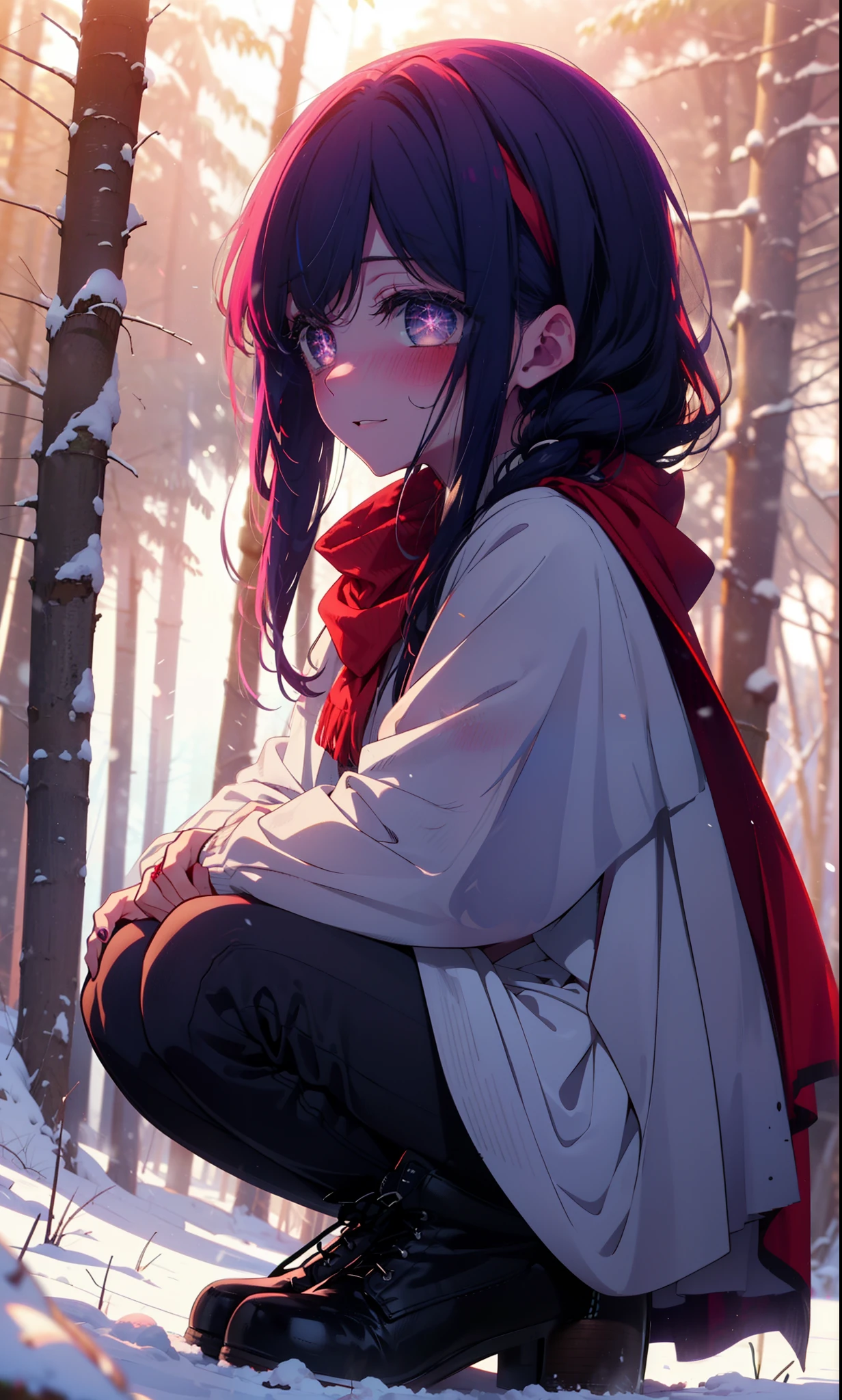 aihoshino, Ai Hoshino, Long Hair, bangs, (Purple eyes:1.1), Purple Hair, (Symbol-shaped pupil:1.5), smile,,smile,blush,White Breath,
Open your mouth,snow,Ground bonfire, Outdoor, boots, snowing, From the side, wood, suitcase, Cape, Blurred, , forest, White handbag, nature, Squat, Mouth closed, Cape, winter, Written boundary depth, Black shoes, red Cape break looking at viewer, Upper Body, whole body, break Outdoor, forest, nature, break (masterpiece:1.2), Highest quality, High resolution, unity 8k wallpaper, (shape:0.8), (Beautiful and beautiful eyes:1.6), Highly detailed face, Perfect lighting, Extremely detailed CG, (Perfect hands, Perfect Anatomy),