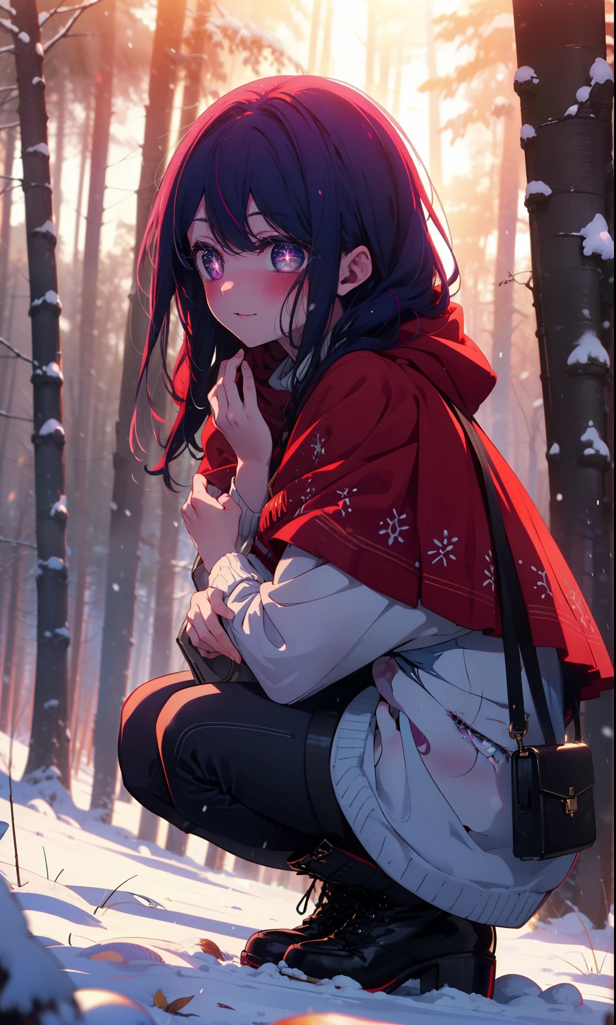 aihoshino, Ai Hoshino, Long Hair, bangs, (Purple eyes:1.1), Purple Hair, (Symbol-shaped pupil:1.5), smile,,smile,blush,White Breath,
Open your mouth,snow,Ground bonfire, Outdoor, boots, snowing, From the side, wood, suitcase, Cape, Blurred, , forest, White handbag, nature, Squat, Mouth closed, Cape, winter, Written boundary depth, Black shoes, red Cape break looking at viewer, Upper Body, whole body, break Outdoor, forest, nature, break (masterpiece:1.2), Highest quality, High resolution, unity 8k wallpaper, (shape:0.8), (Beautiful and beautiful eyes:1.6), Highly detailed face, Perfect lighting, Extremely detailed CG, (Perfect hands, Perfect Anatomy),