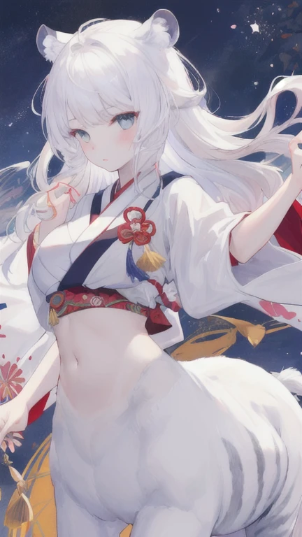 (best quality, masterpiece), 1 girl, centaur, It takes, White skin, Japanese female idol , exposing the abdomen,belly button t-shirt, 아름다운 소녀 perfect white tiger photo, perfect white tiger photo