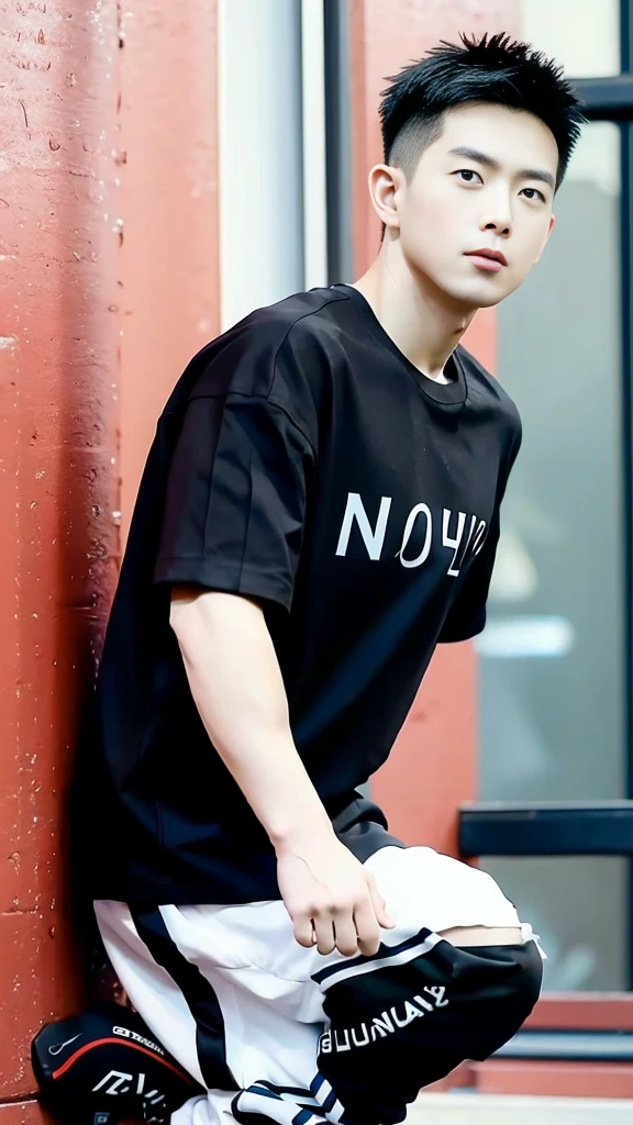Korean man, Inspiration from Peng Yuyan, 30 years old, 236 years old, Cute Korean Face, 35 yo, 33 year old Korean muscular man,Gym in the background, black t-shirt