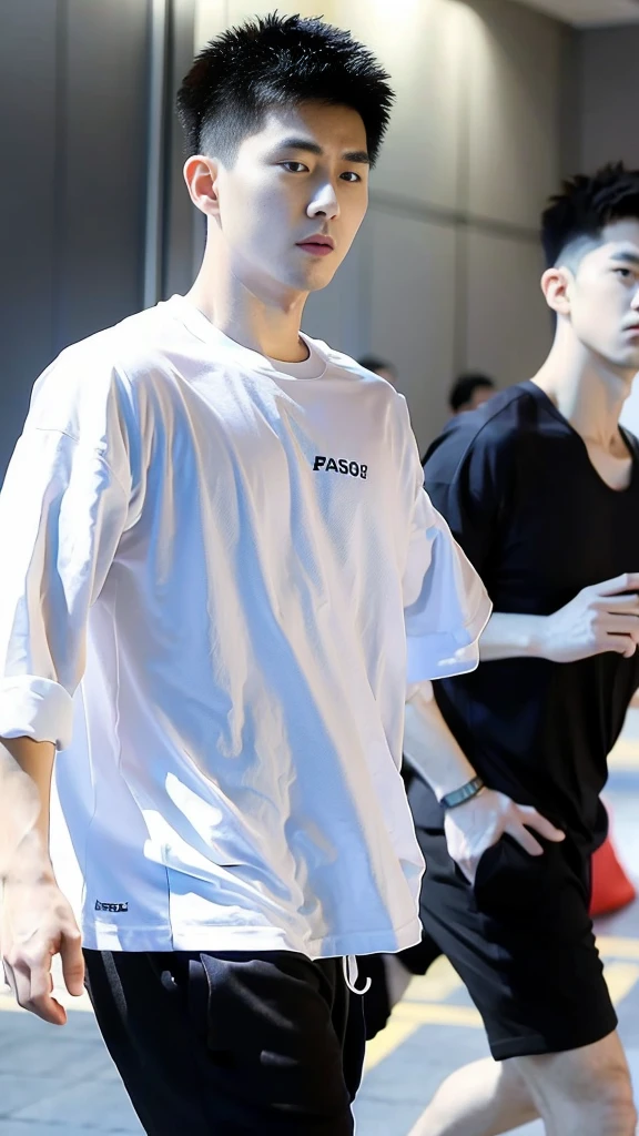 Korean man, Inspiration from Peng Yuyan, 30 years old, 236 years old, Cute Korean Face, 35 yo, 33 year old Korean muscular man,Gym in the background, black t-shirt