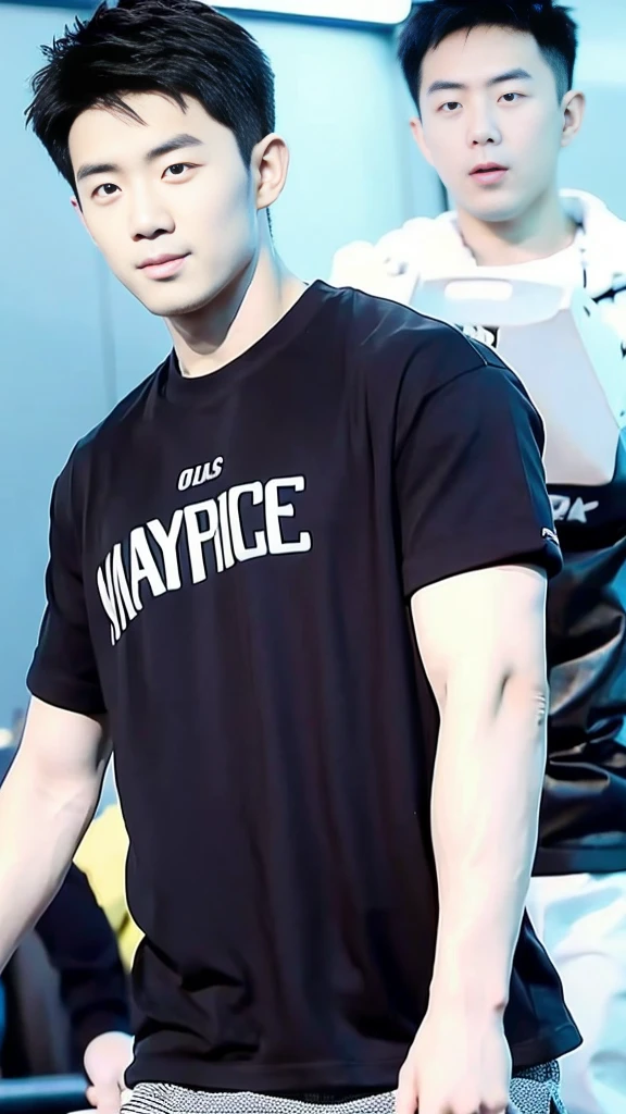 Korean man, Inspiration from Peng Yuyan, 30 years old, 236 years old, Cute Korean Face, 35 yo, 33 year old Korean muscular man，Gym in the background, black t-shirt