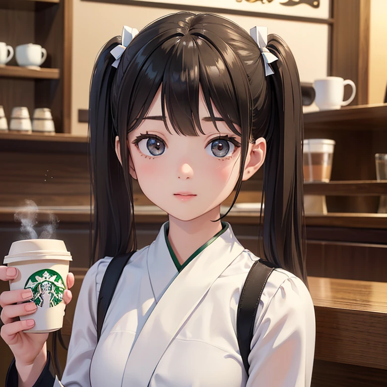 (masterpiece, Highest quality, shape, Subtle details, 8K:1.2),(非常に詳細な3D CG 8K 壁紙), (Highest quality), (Best Portrait Photography),(Starbucks Coffee),Twin tails,Beautiful sea