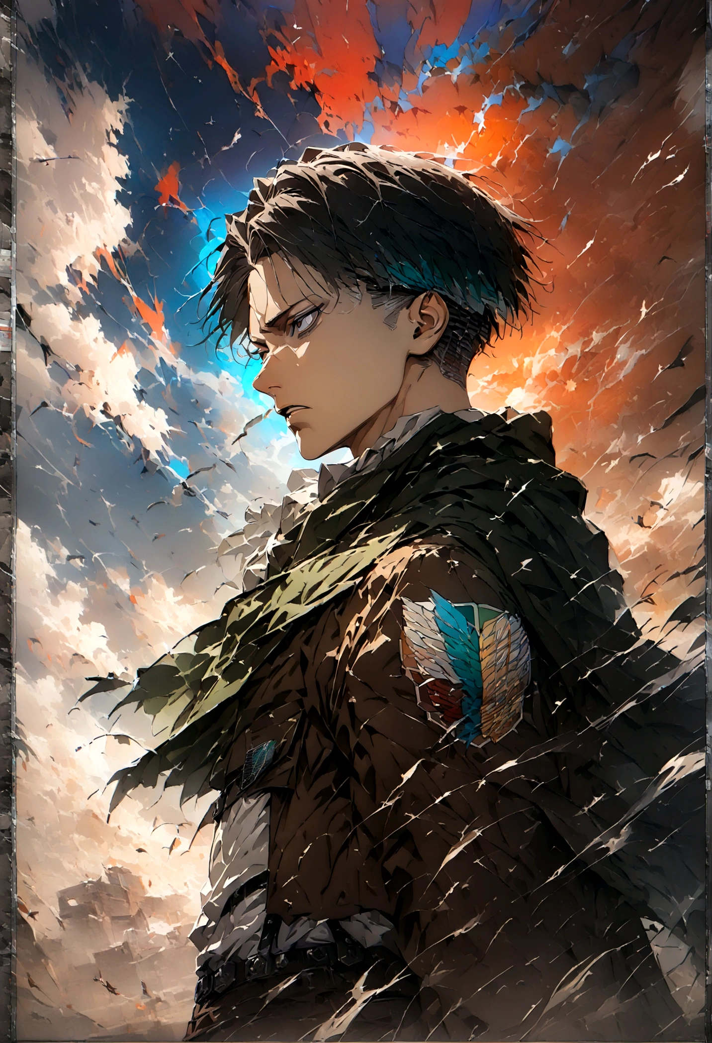 1 male,Levi Ackerman,Attack on Titan,,Intricate details,Wide range of colors,artwork,rendering,(masterpiece:1.3),(Highest quality:1.4),(Very detailedな:1.5),High resolution,Very detailed,unity 8k wallpaper,Decadent,Wind