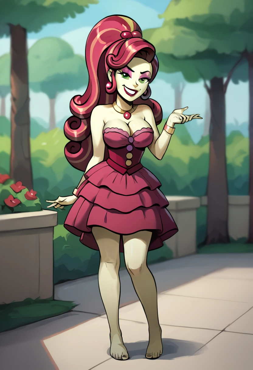 ((High Quality image 10k)) (( perfect autonomy 10k)) ((Masterpiece 10k)) Cherry Jubilee, solo girl, very pale yellow white skin, happy, 
Smug grin, cute face, naked, big breasts, Really big Feet, barefoot, Cherry Jubilee Equestria girls, pubic hair, full body ,Standing, in the park, Cherry Jubilee, cuerpo completo, high resolusion