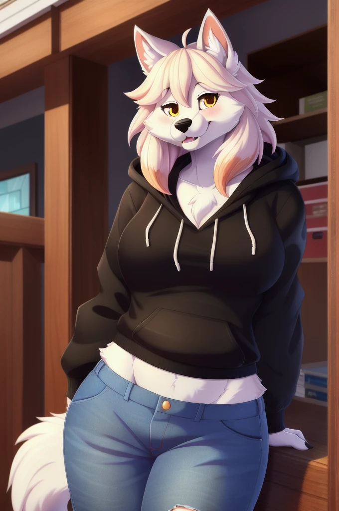 Female, solo, wolf, fluffly, furry, (average breasts), (curvy), (black hoodie), (jorts), accurate tail, slight blush, mature, smiling, happy, beautiful, highly detailed, high resolution, detailed eyes, detailed hands, detailed background, masterpiece, coxas grossas, pelos detalhados