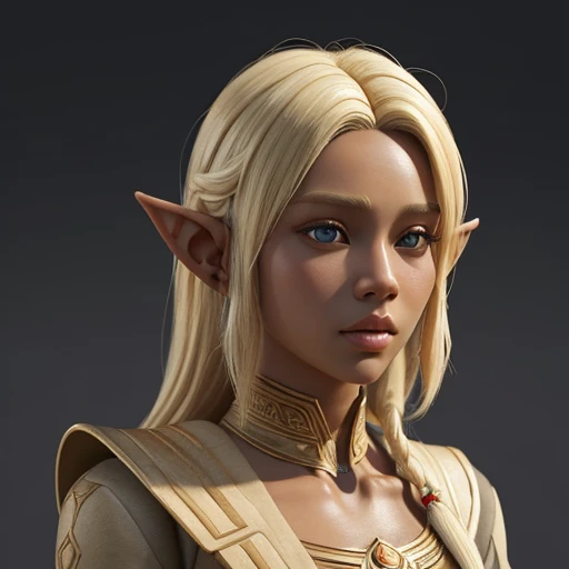 (masterpiece), (best quality),(portrait),(bust up),1girl,solo, animation style render, 3D, (pixer style) ,(clay) ,(sharp focus),(look at viewer),elf, (blonde hair),(dark skin) ,adult, (ancient:1), ancient luxurious long clothes,(simple background:1)