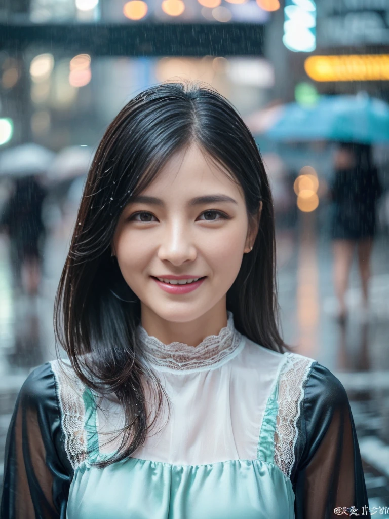 ((best quality, 8K, masterpiece: 1.3)),upper body,Black Hair, black eye,sharp focus: 1.2, beautiful woman with a perfect body: 1.4, ((Medium Hair, large: 1.2)), (small and beautiful hard (White long sleeve blouse with lace、Silk Tight dark turquoise long skirt), (wet from rain: 1.2), (rain, street: 1.2), wet body: 1.1, Highly detailed face and skin texture, detailed eyes, double eyelids, White skin,,E cup,smile,Financial district of the big city,Skyscraper,White skin,Wet Hair、Wet Skin、Wet clothes、smile、