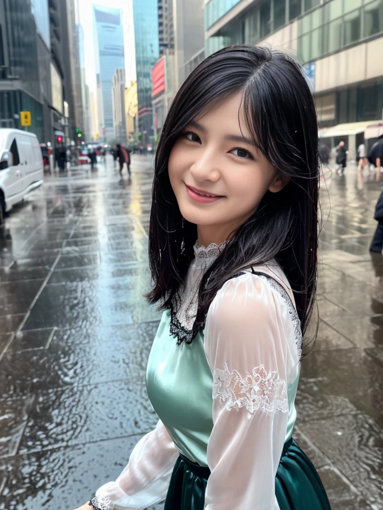 ((best quality, 8K, masterpiece: 1.3)),upper body,Black Hair, black eye,sharp focus: 1.2, beautiful woman with a perfect body: 1.4, ((Medium Hair, large: 1.2)), (small and beautiful hard (White long sleeve blouse with lace、Silk Tight dark turquoise long skirt), (wet from rain: 1.2), (rain, street: 1.2), wet body: 1.1, Highly detailed face and skin texture, detailed eyes, double eyelids, White skin,,E cup,smile,Financial district of the big city,Skyscraper,White skin,Wet Hair、Wet Skin、Wet clothes、smile、