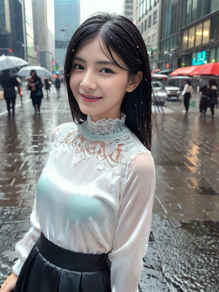 ((best quality, 8K, masterpiece: 1.3)),upper body,Black Hair, black eye,sharp focus: 1.2, beautiful woman with a perfect body: 1.4, ((Medium Hair, large: 1.2)), (small and beautiful hard (White long sleeve blouse with lace、Silk Tight dark turquoise long skirt), (wet from rain: 1.2), (rain, street: 1.2), wet body: 1.1, Highly detailed face and skin texture, detailed eyes, double eyelids, White skin,,E cup,smile,Financial district of the big city,Skyscraper,White skin,Wet Hair、Wet Skin、Wet clothes、smile、