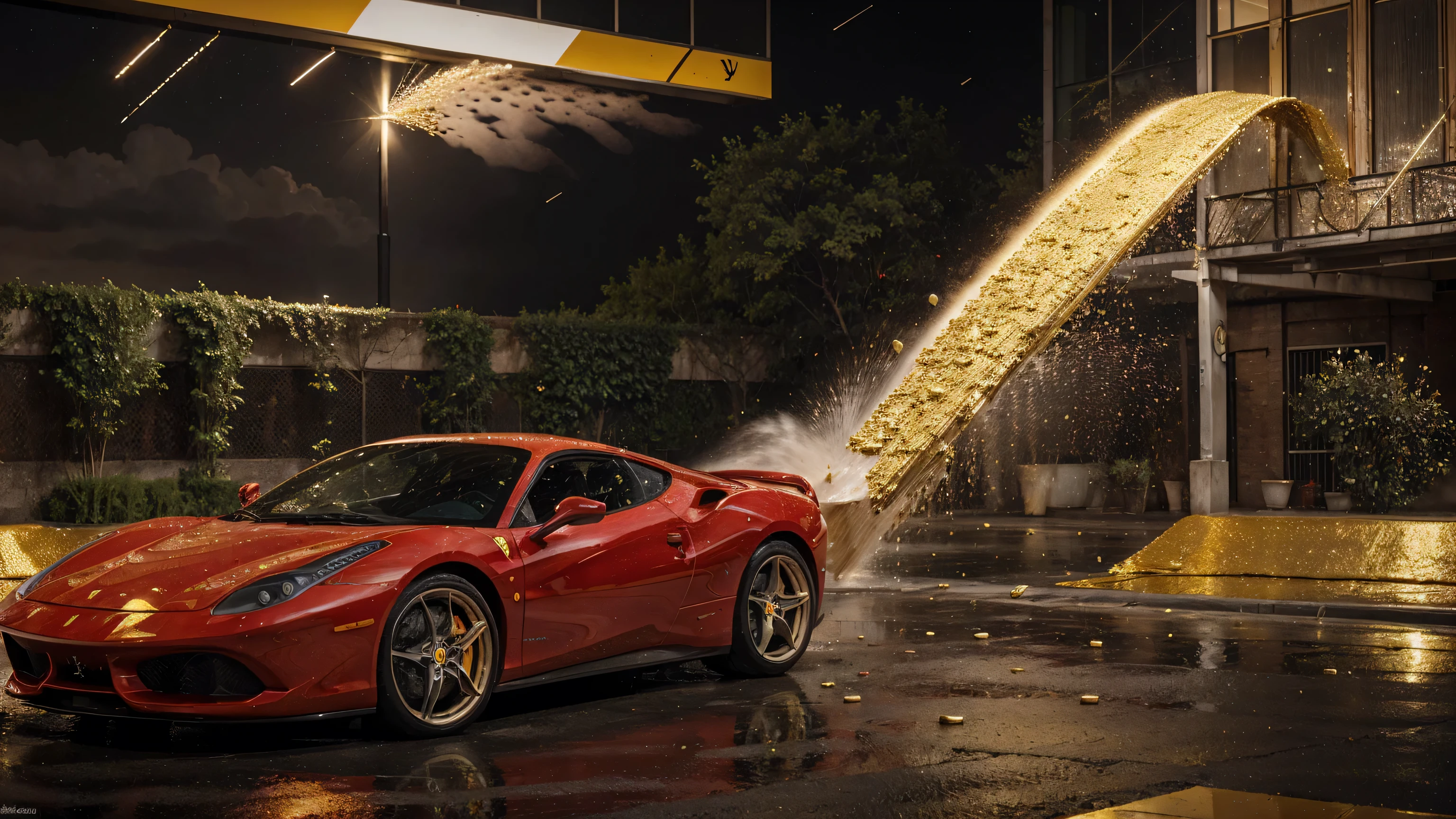 man next to a ferrari, full of gold coins falling from the sky, ultra detailed image, realism, 8k, hyper detailed skin, intense and vivid colors."man next to a ferrari"