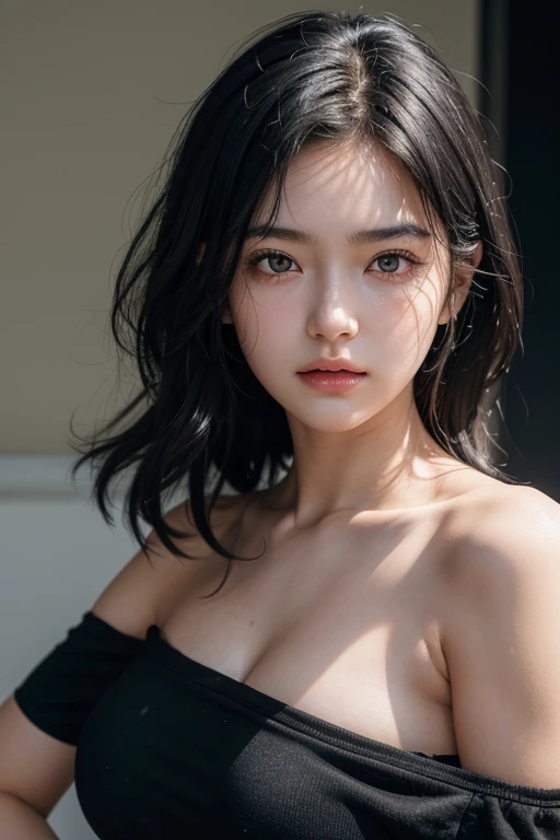 A realistic drawing of a girl with short, messy black hair, wearing a black off-the-shoulder top and sweating profusely from the heat、8K、RAW Photos、Highest quality、Real、Photorealistic、Professional Lighting、mix4、20d、Beautiful age Woman、1 female、Big beautiful eyes、Larger breasts、Upper Body、Thin body type
