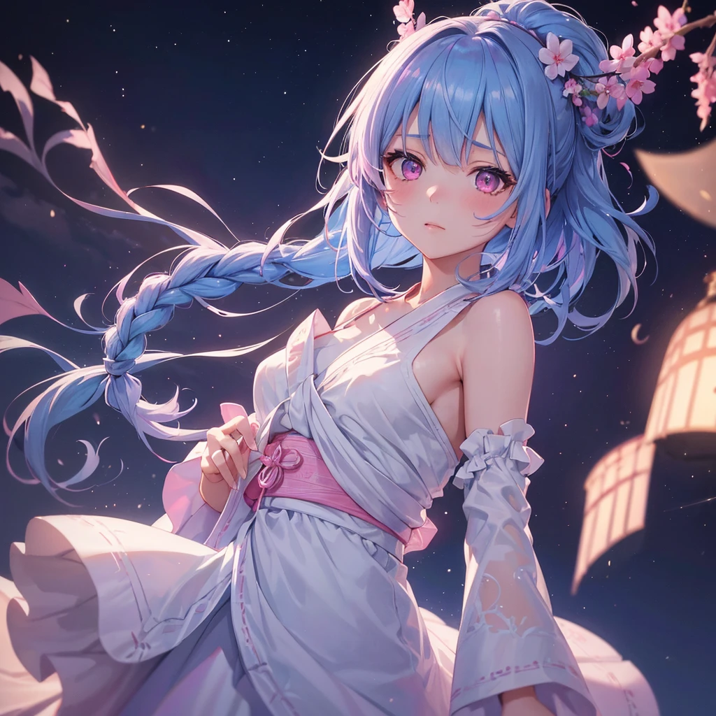 Sky blue hair, (One braided ponytail),(Pink Eyes),Fair skin ,(whole body),(One girl),White yukata,Tanabata,(The Milky Way in the night sky),Hollow Eyes,Blushing,Straight bangs,,Wedding dress,(masterpiece, Highest quality, Very detailed, Best Shadow), (Detailed Background), (Beautifully detailed face), High Contrast, (Best lighting, Very delicate and beautiful), ((Cinematic Light)), colorful, Hyper Detail, Dramatic Light, Intricate details,