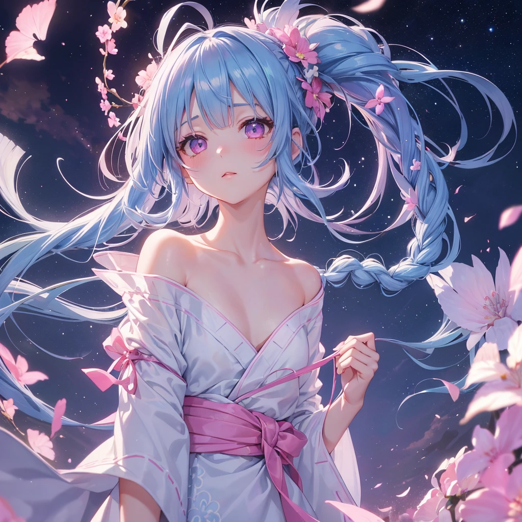 Sky blue hair, (One braided ponytail),(Pink Eyes),Fair skin ,(whole body),(One girl),White yukata,Tanabata,(The Milky Way in the night sky),Hollow Eyes,Blushing,Straight bangs,,Wedding dress,(masterpiece, Highest quality, Very detailed, Best Shadow), (Detailed Background), (Beautifully detailed face), High Contrast, (Best lighting, Very delicate and beautiful), ((Cinematic Light)), colorful, Hyper Detail, Dramatic Light, Intricate details,