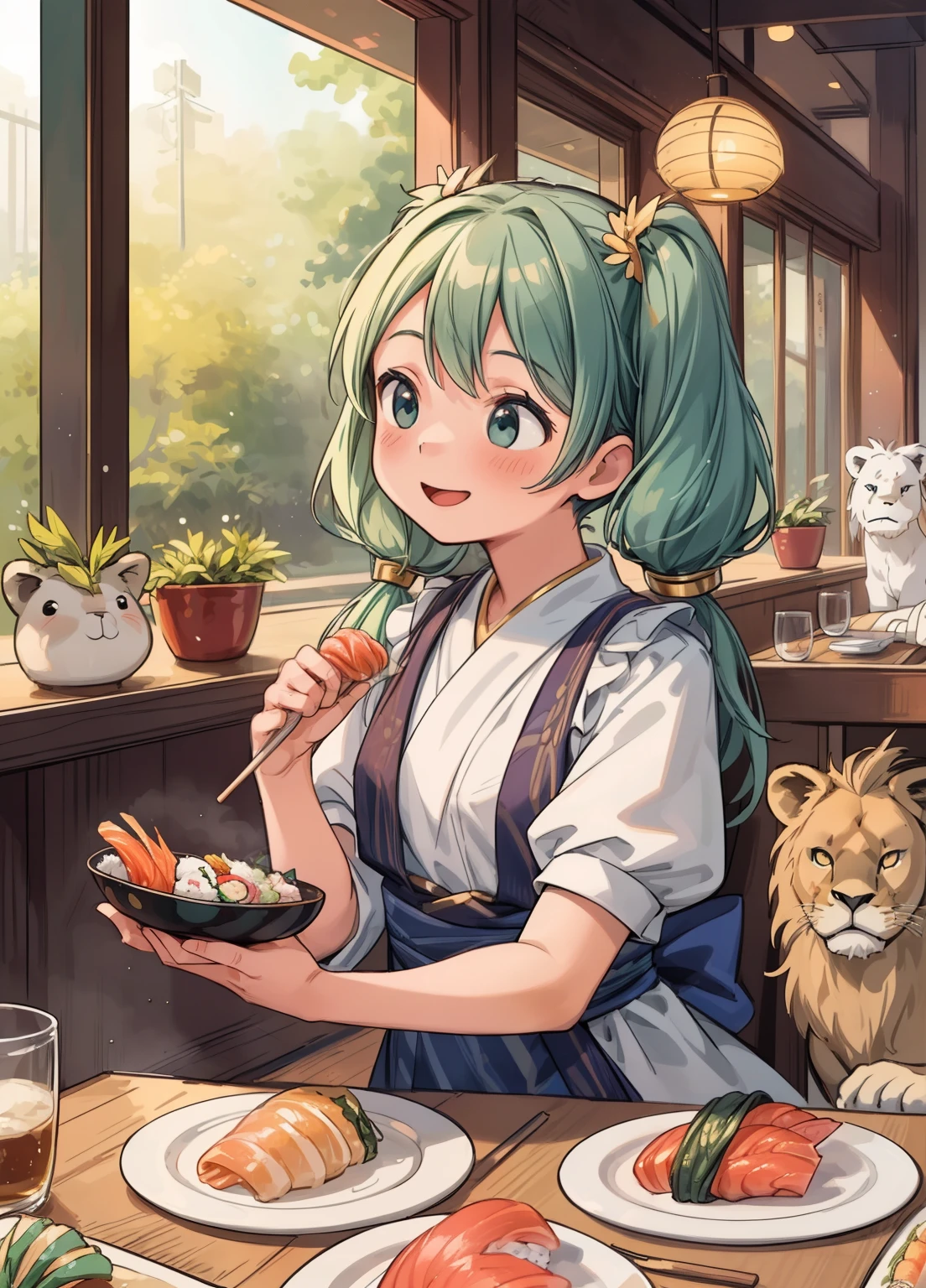 (masterpiece、Highest quality、Highest quality、Official Art、Beautiful and beautiful:1.2)、(One girl:1.3)Hatsune Miku、Twin tails,Beautiful breasts,Lionel, An 8-year-old girl dressed as Saber Lion, Attractive bustling Japanese restaurant. A variety of characters enjoying sushi, She enjoys it, A scene full of laughter. Lionel's innocence and charm stand out in this enchanting moment, Her presence brings magic to the lively restaurant.  (the mane of a lion:1.3) 