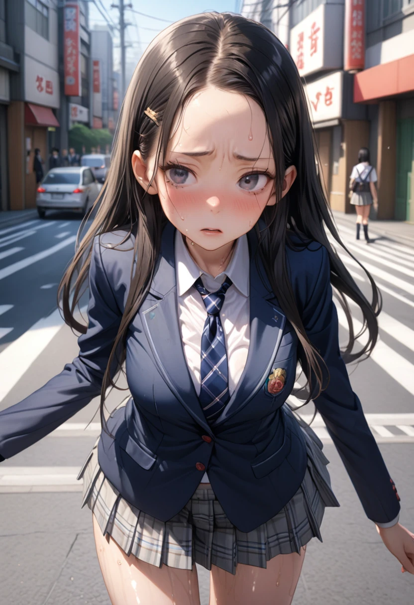 ((masterpiece,Highest quality:1.3,best illustration,realistic)),cowboy shot,1woman、独奏,25 year old Japanese beauty,((very small head:1.3)),center parted bangs,forehead,black hair,long hair,black eyes,gorgeous eyes,Black-rimmed glasses,shy,medium breasts,((very long body:1.3)),((toned body,slender body,skinny)),gleaming skin,shiny skin,oily skin,sweat,(School uniform、Dark blue blazer jacket、Navy blue tie、Grey plaid pleated mini skirt),on street,Tokyo、Daytime、