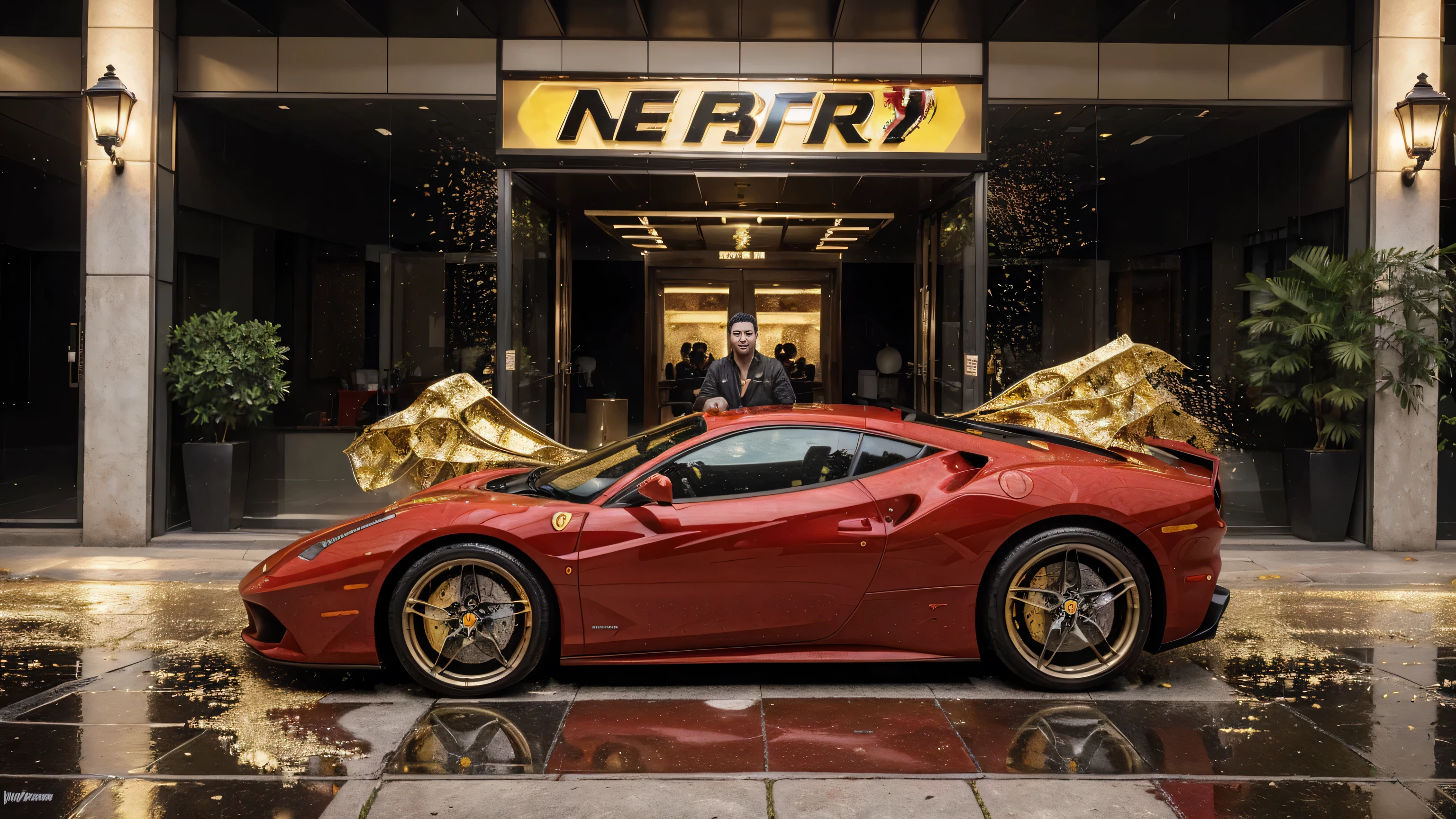 man next to a ferrari, full of gold coins falling from the sky, ultra detailed image, realism, 8k, hyper detailed skin, intense and vivid colors."man next to a ferrari"
