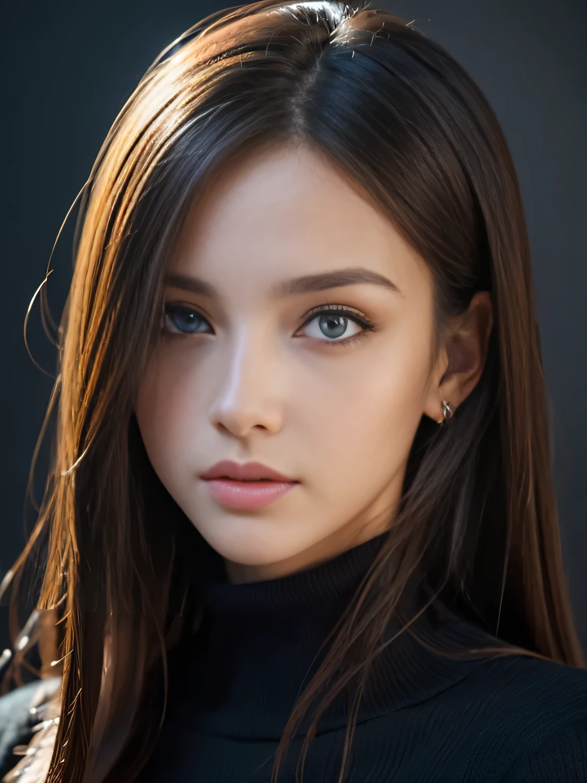 masterpiece, best quality, ultra-detailed, intricately detailed hyperdetailed, realistic, sharp features, highly detailed, sharp focus, 19 years old, perfect face, perfect symmetrically Blue and delicate eyes, perfect full lips, flexible female form, cinematic, hyper detailed, hyper realistic, high resolution, vibrant, dynamic studio lighting, ((Dark background)), light brown hair, messy hair, small breasts, Black sweater, portrait, head shot,