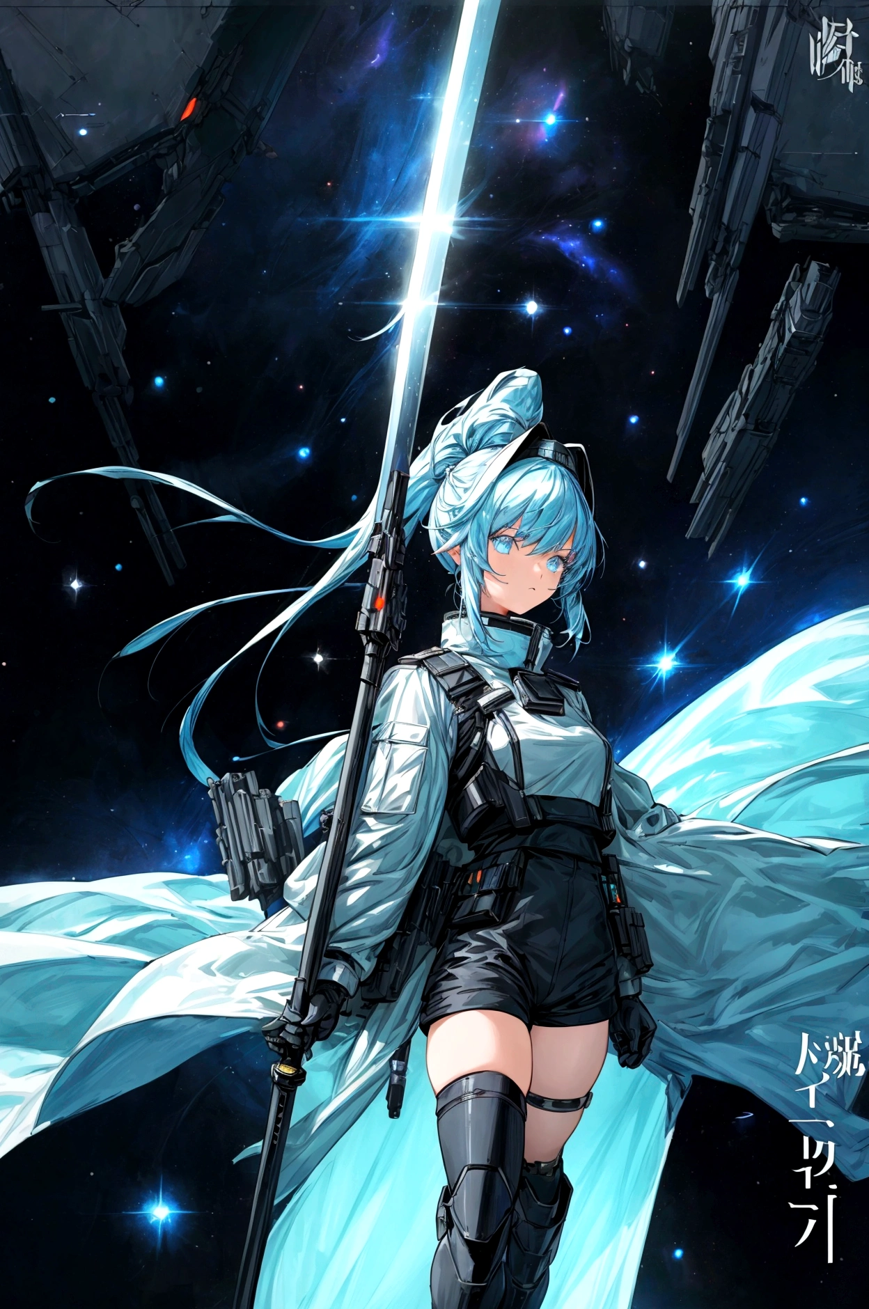 ((science fiction space fantasy)), A badass tall woman, an art of a female character standing amidst a galactic battlefront, (A female commander), ((a leader of a fleet of intergalactic armies)), White high ponytail with a glowing light blue highlights at the ends, Wielding a sword with deep blue aura, the mystical blade in her hand emitting a bright contrast blue light with a ray of energy, a futuristic intergalactic military uniform, Wearing Black shorts exposing the thighs, with a captain hat, a long simple dark boots. A masterpiece illustration, a light novel cover, best quality, best detail(Light novel illustrations), Arknights style, masterpiece, high quality, detailed.